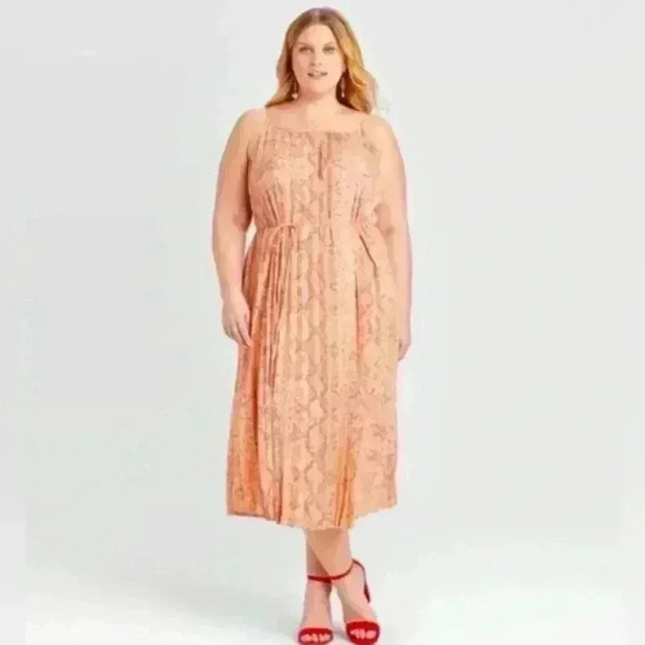 Ava & Viv Pink/Coral Snakeskin Pleated Flowy Midi Dress Spaghetti Strap size 2X - Picture 1 of 10